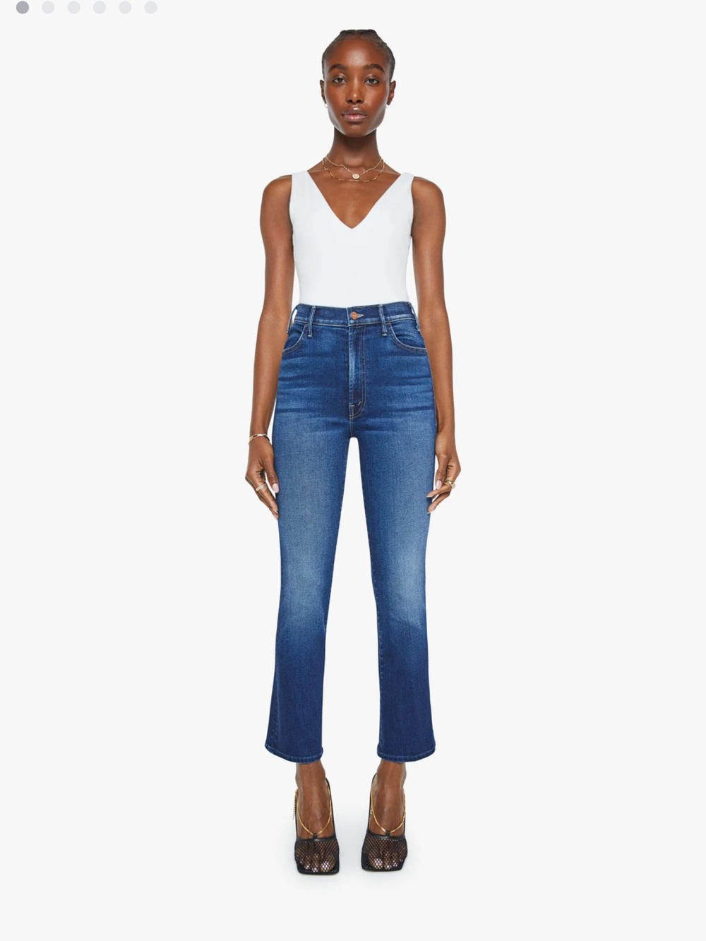 MOTHER Dark-Mid Blue High-Rise Ankle Flare Jeans